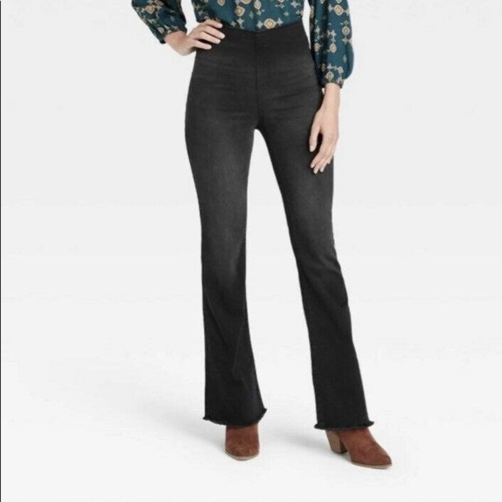 Knox Rose Black Pull On High-Rise Flare Raw Hem Jeans